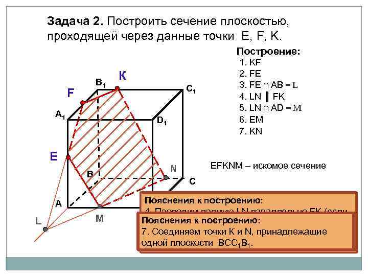 Задача 2. Построить сечение плоскостью, проходящей через данные точки Е, F, K. Построение: В