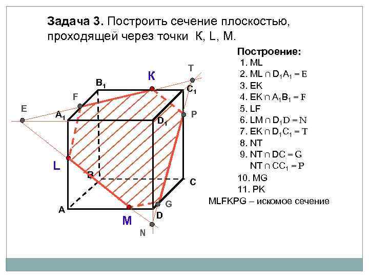 Задача 3. Построить сечение плоскостью, проходящей через точки К, L, М. Построение: T К