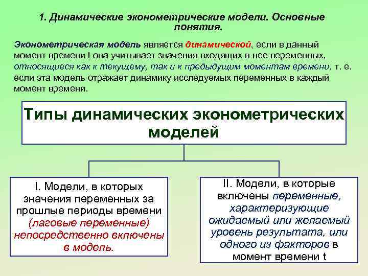 1. Динамические эконометрические модели. Основные понятия. Эконометрическая модель является динамической, если в данный момент