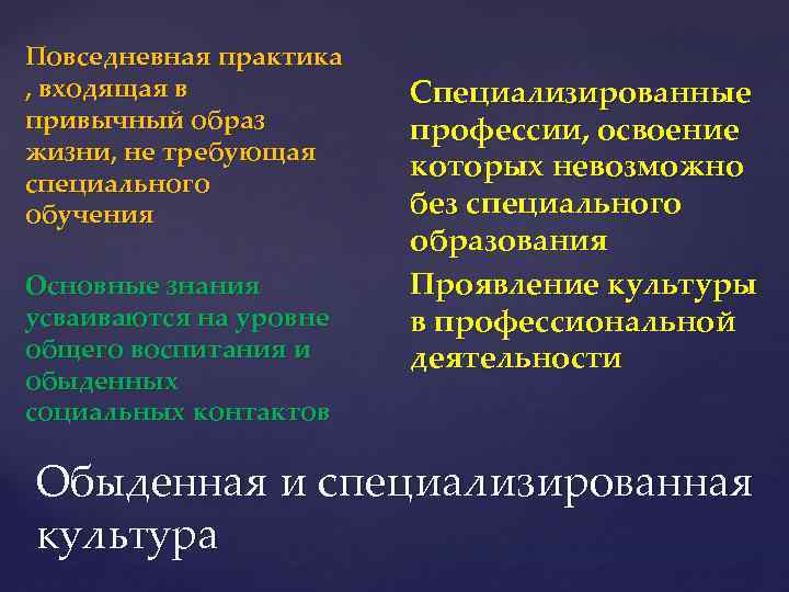 Повседневная практика , входящая в привычный образ жизни, не требующая специального обучения Основные знания
