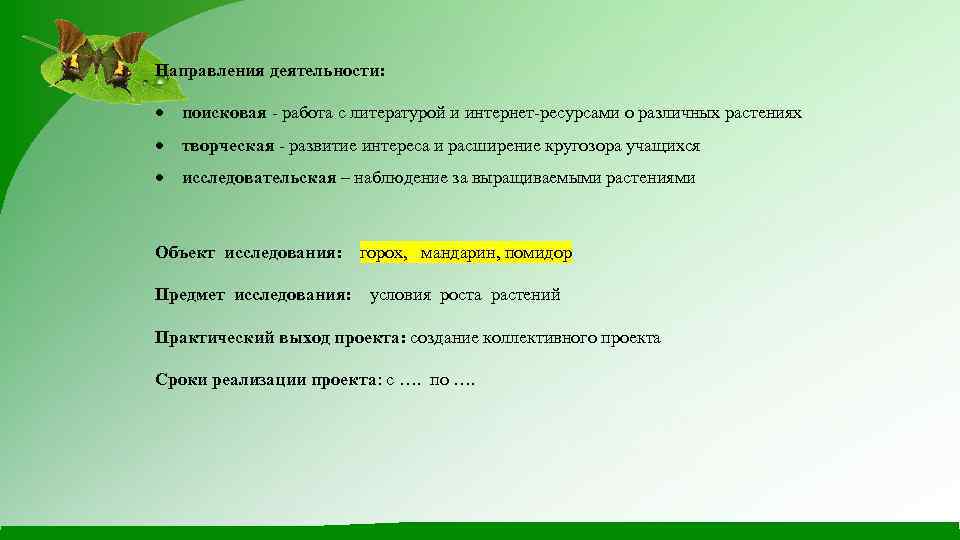 Направления деятельности: поисковая - работа с литературой и интернет-ресурсами о различных растениях творческая -