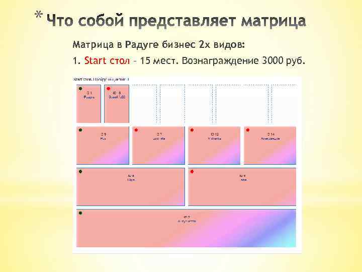 * Матрица в Радуге бизнес 2 х видов: 1. Start стол – 15 мест.