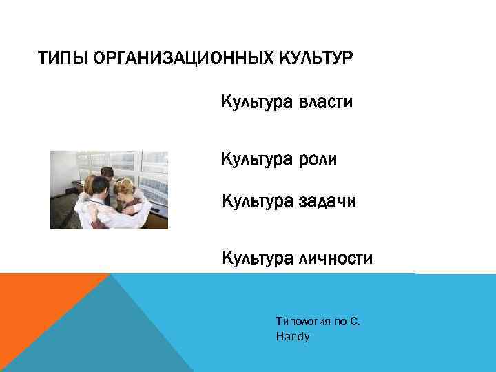 ТИПЫ ОРГАНИЗАЦИОННЫХ КУЛЬТУР Культура власти Культура роли Культура задачи Культура личности Типология по C.