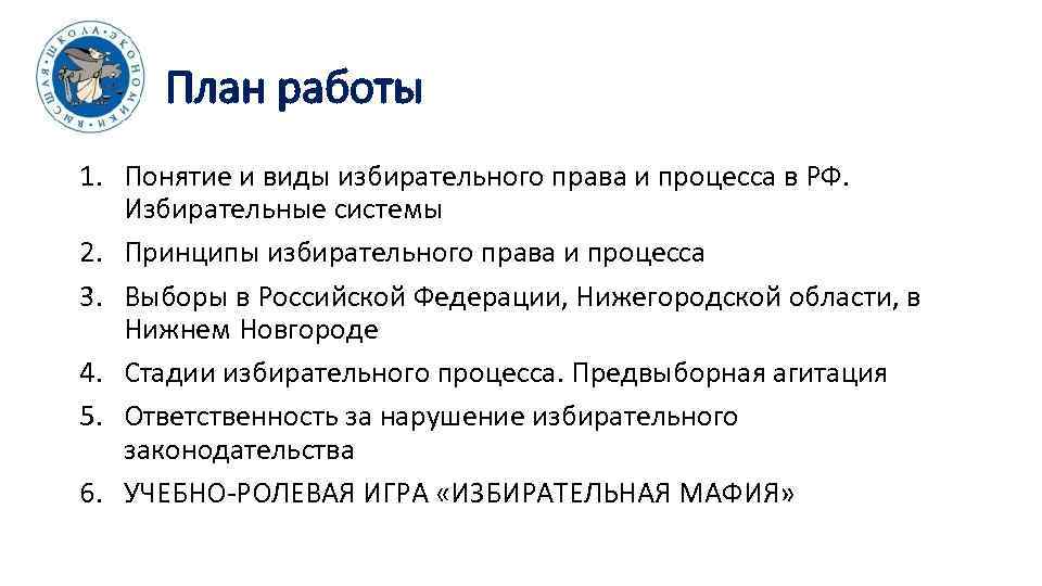 План работы 1. Понятие и виды избирательного права и процесса в РФ. Избирательные системы