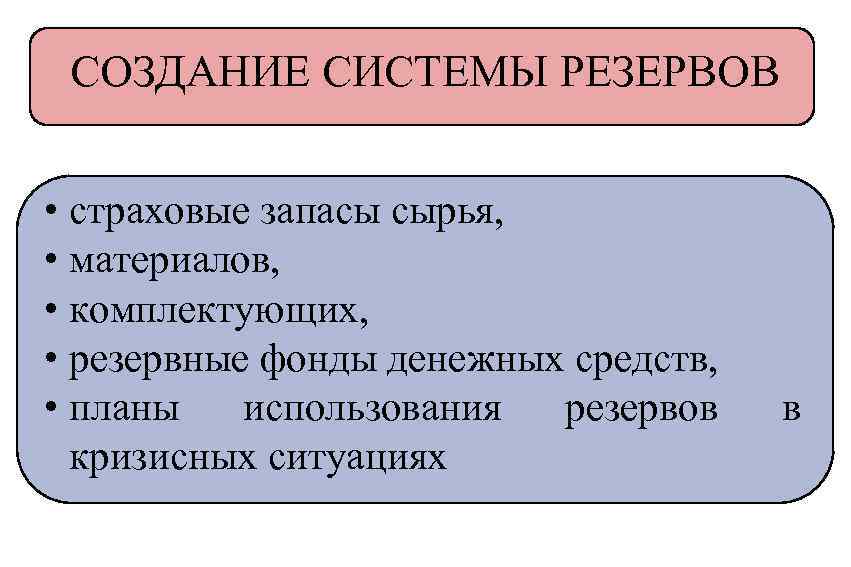 СОЗДАНИЕ СИСТЕМЫ РЕЗЕРВОВ • страховые запасы сырья, • материалов, • комплектующих, • резервные фонды