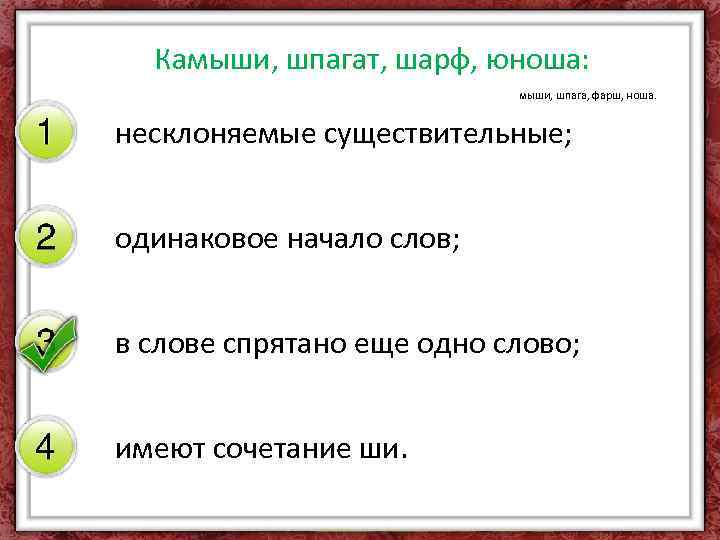 Камыши, шпагат, шарф, юноша: мыши, шпага, фарш, ноша. несклоняемые существительные; одинаковое начало слов; в