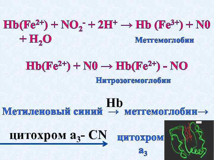 Hb(Fe 2+) + NО 2 - + 2 Н+ → Hb (Fe 3+) +