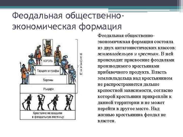 Феодальная общественноэкономическая формация состояла из двух антагонистических классов: землевладельцев и крестьян. В ней происходит