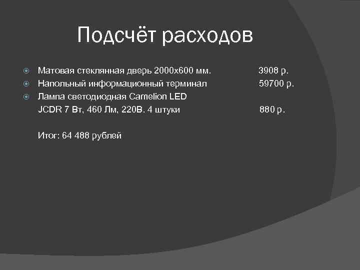 Подсчёт расходов Матовая стеклянная дверь 2000 х600 мм. Напольный информационный терминал Лампа светодиодная Camelion