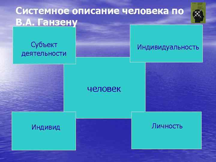 Системное описание человека по В. А. Ганзену Субъект деятельности Индивидуальность человек Индивид Личность 