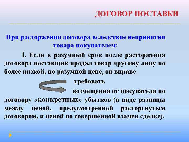 ДОГОВОР ПОСТАВКИ При расторжении договора вследствие непринятия товара покупателем: 1. Если в разумный срок