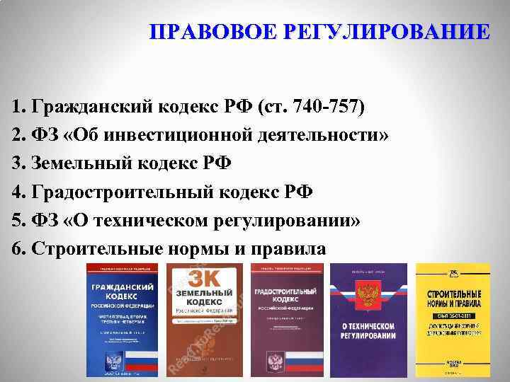 ПРАВОВОЕ РЕГУЛИРОВАНИЕ 1. Гражданский кодекс РФ (ст. 740 -757) 2. ФЗ «Об инвестиционной деятельности»