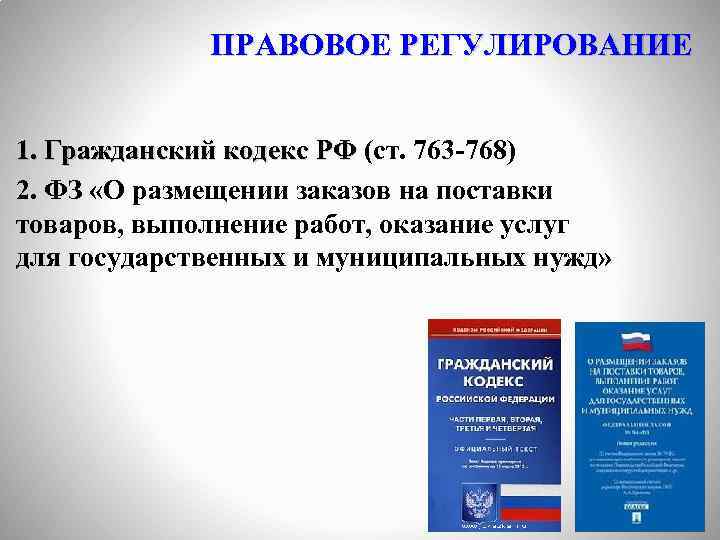 ПРАВОВОЕ РЕГУЛИРОВАНИЕ 1. Гражданский кодекс РФ (ст. 763 -768) 2. ФЗ «О размещении заказов