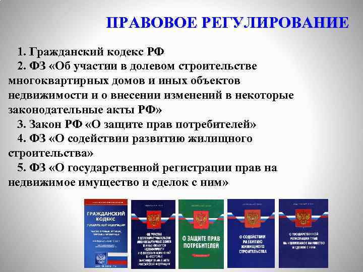 ПРАВОВОЕ РЕГУЛИРОВАНИЕ 1. Гражданский кодекс РФ 2. ФЗ «Об участии в долевом строительстве многоквартирных