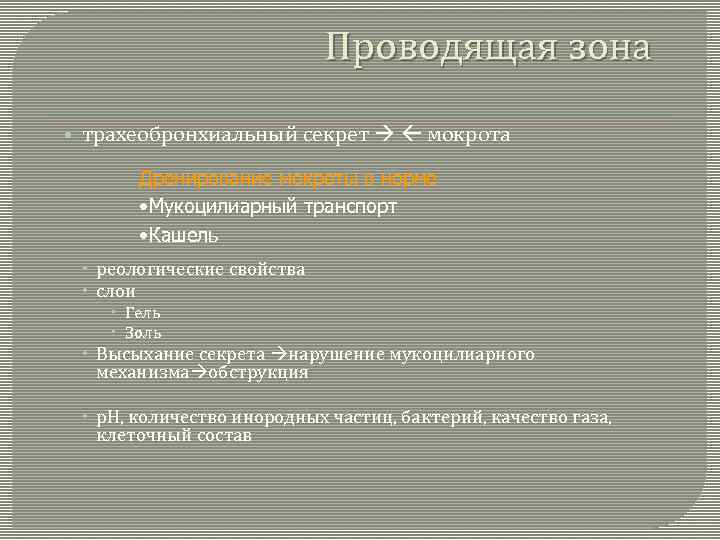 Проводящая зона • трахеобронхиальный секрет мокрота Дренирование мокроты в норме • Мукоцилиарный транспорт •