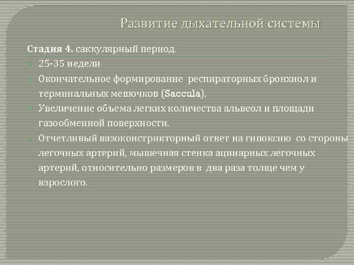 Развитие дыхательной системы Стадия 4. саккулярный период. 25 -35 недели Окончательное формирование респираторных бронхиол