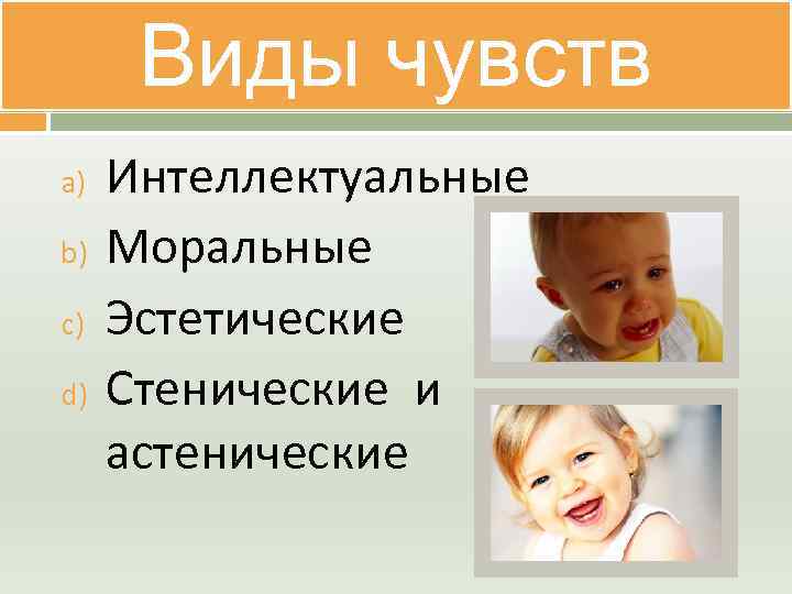 Виды чувств a) b) c) d) Интеллектуальные Моральные Эстетические Стенические и астенические 