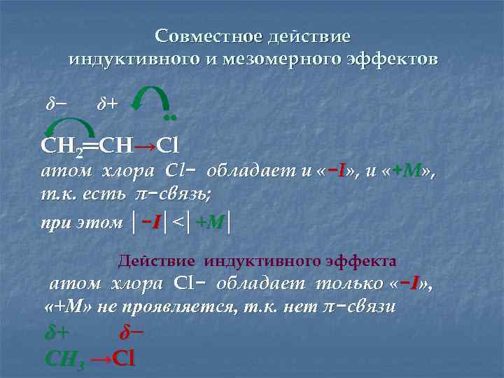 Совместное действие индуктивного и мезомерного эффектов δ− δ+ • • СН 2═CH→Cl атом хлора