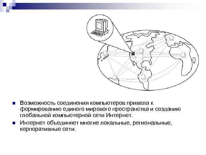 n n Возможность соединения компьютеров привела к формированию единого мирового пространства и созданию глобальной