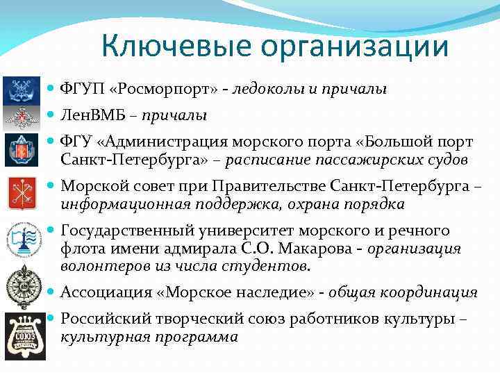 Ключевые организации ФГУП «Росморпорт» - ледоколы и причалы Лен. ВМБ – причалы ФГУ «Администрация