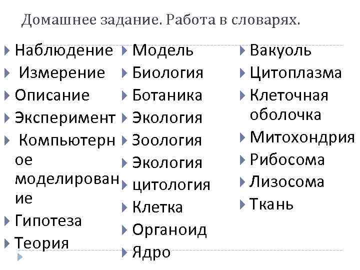 Домашнее задание. Работа в словарях. Наблюдение Модель Вакуоль Измерение Биология Описание Ботаника Эксперимент Экология