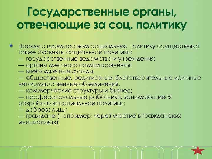 Государственные органы, отвечающие за соц. политику Наряду с государством социальную политику осуществляют также субъекты