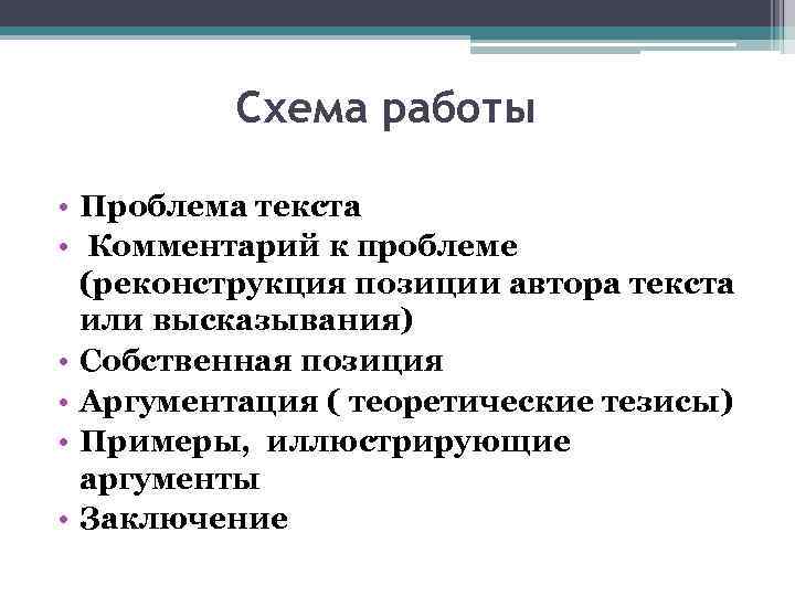 Схема работы • Проблема текста • Комментарий к проблеме (реконструкция позиции автора текста или