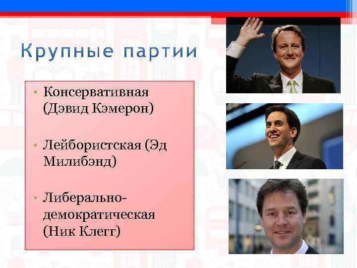  • Консервативная (Дэвид Кэмерон) • Лейбористская (Эд Милибэнд) • Либеральнодемократическая (Ник Клегг) 