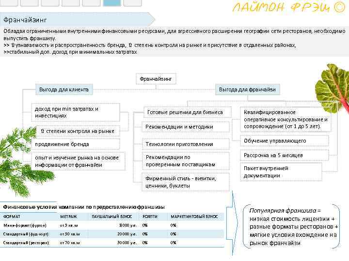 Франчайзинг Обладая ограниченными внутренними финансовыми ресурсами, для агрессивного расширения географии сети ресторанов, необходимо выпустить