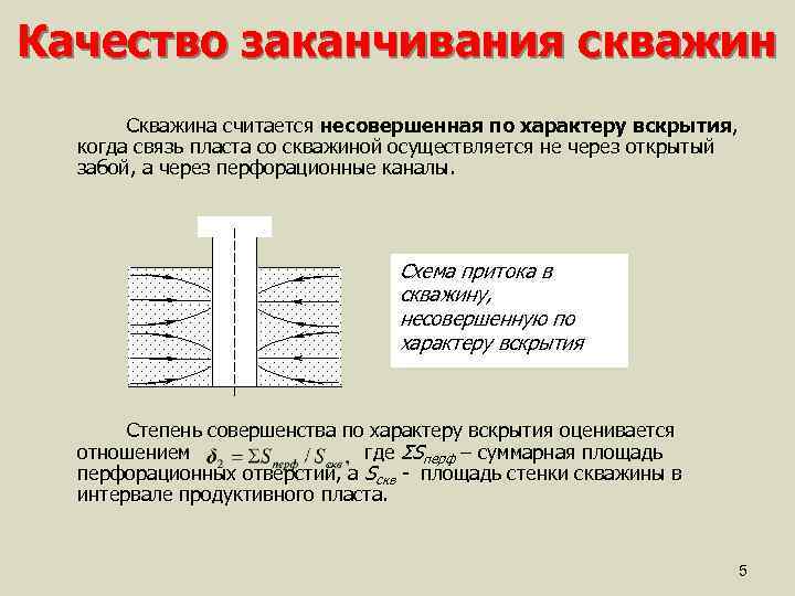 Качество заканчивания скважин Скважина считается несовершенная по характеру вскрытия, когда связь пласта со скважиной