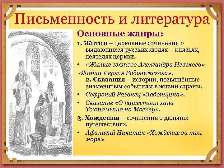 Письменность и литература Основные жанры: 1. Жития – церковные сочинения о выдающихся русских людях