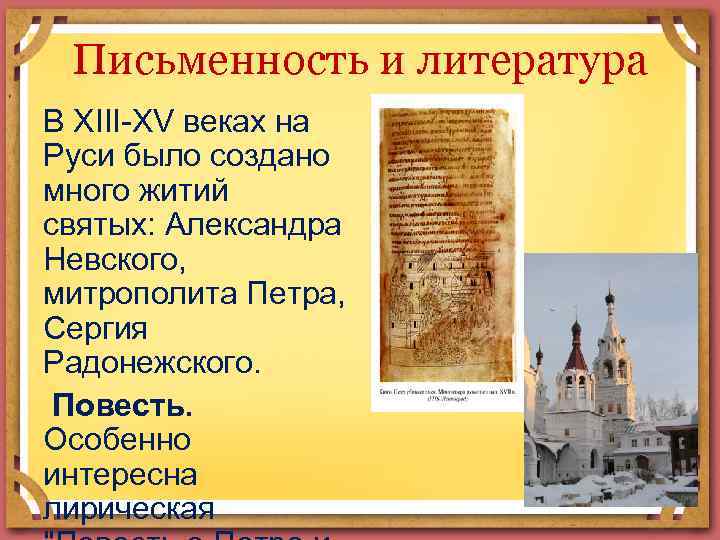 Письменность и литература В XIII-XV веках на Руси было создано много житий святых: Александра