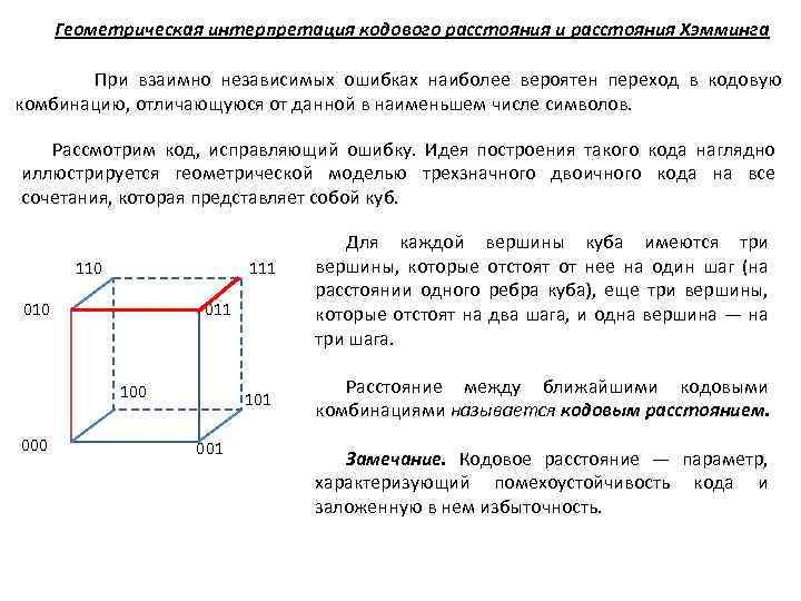 Геометрическая интерпретация кодового расстояния и расстояния Хэмминга При взаимно независимых ошибках наиболее вероятен переход