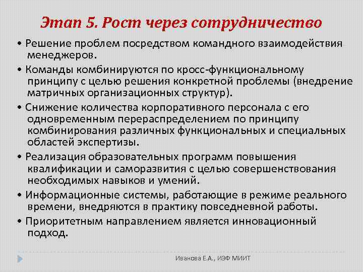 Этап 5. Рост через сотрудничество • Решение проблем посредством командного взаимодействия менеджеров. • Команды