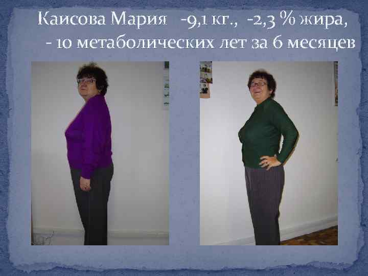 Каисова Мария -9, 1 кг. , -2, 3 % жира, - 10 метаболических лет