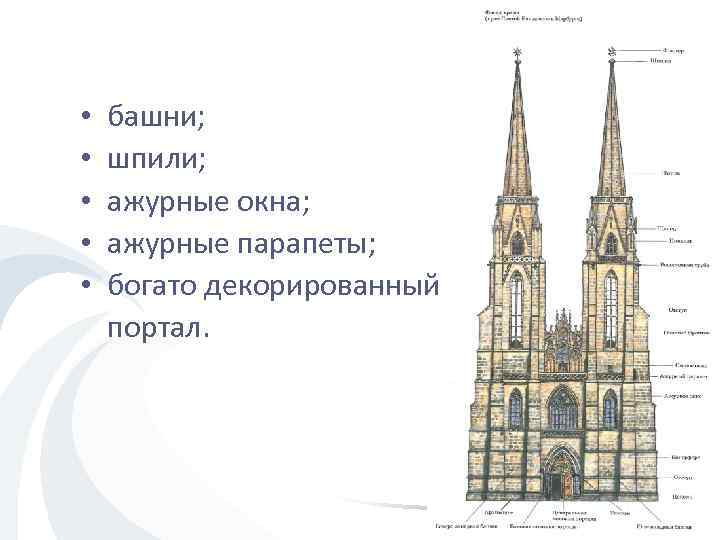  • • • башни; шпили; ажурные окна; ажурные парапеты; богато декорированный портал. 
