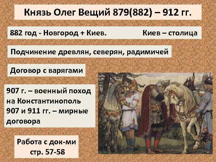 Князь Олег Вещий 879(882) – 912 гг. 882 год - Новгород + Киев –