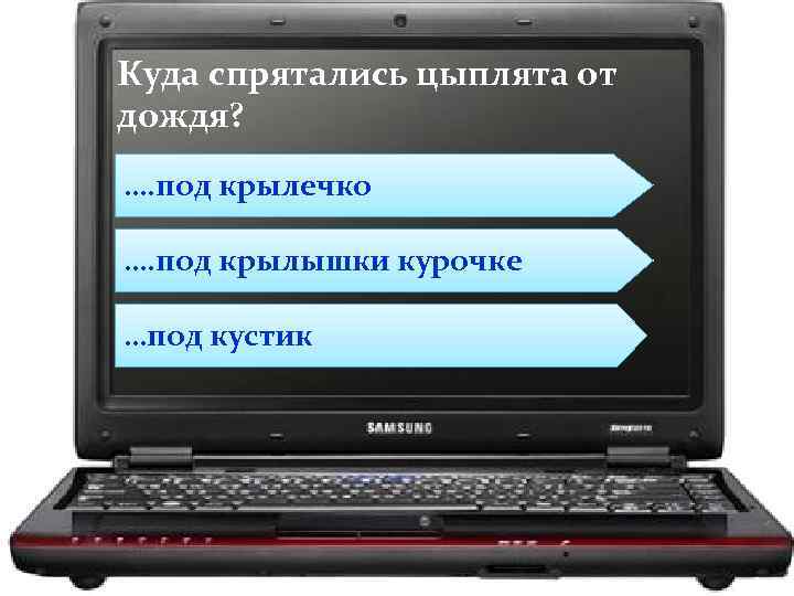 Куда спрятались цыплята от дождя? …. под крылечко …. под крылышки курочке …под кустик