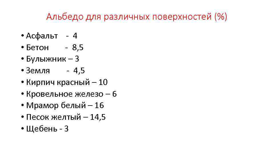 Альбедо для различных поверхностей (%) • Асфальт - 4 • Бетон - 8, 5