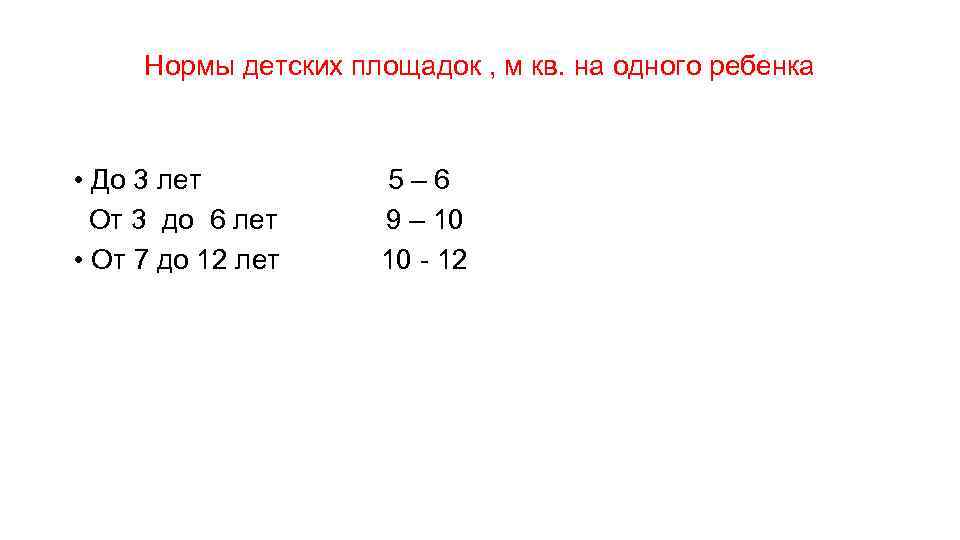 Нормы детских площадок , м кв. на одного ребенка • До 3 лет От