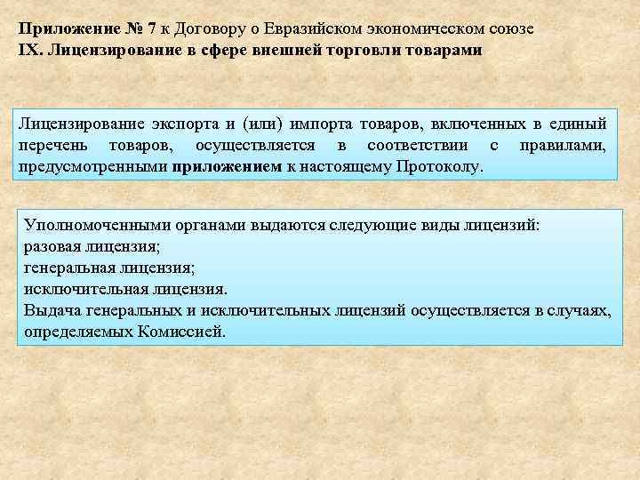 Приложение № 7 к Договору о Евразийском экономическом союзе IX. Лицензирование в сфере внешней