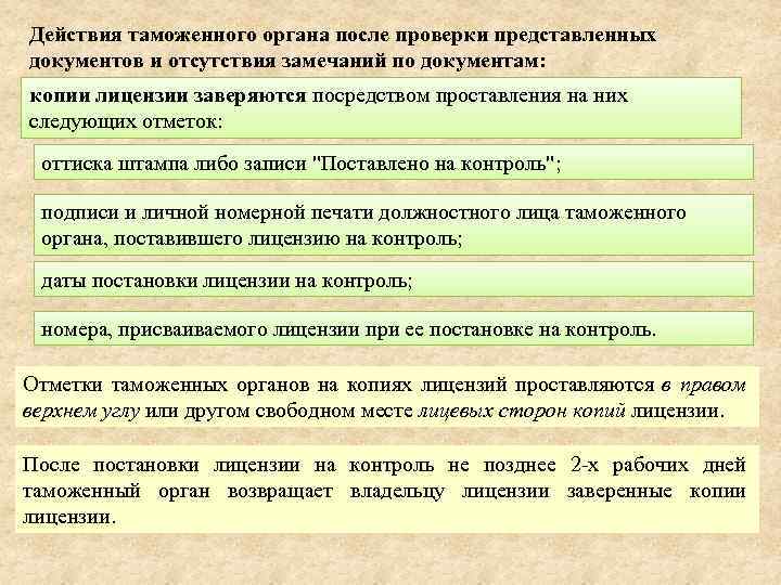 Действия таможенного органа после проверки представленных документов и отсутствия замечаний по документам: копии лицензии