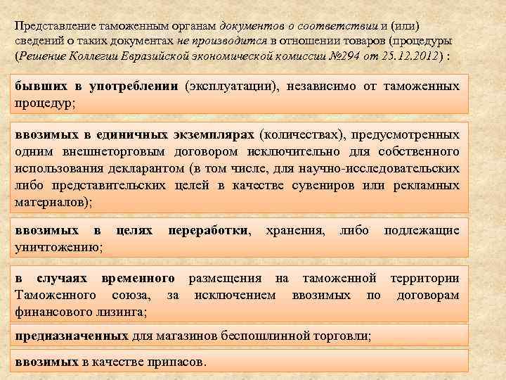 Представление таможенным органам документов о соответствии и (или) сведений о таких документах не производится