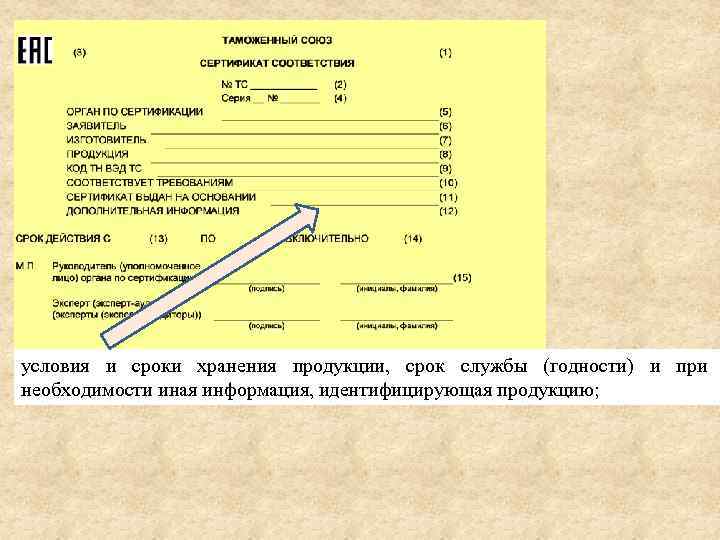 условия и сроки хранения продукции, срок службы (годности) и при необходимости иная информация, идентифицирующая