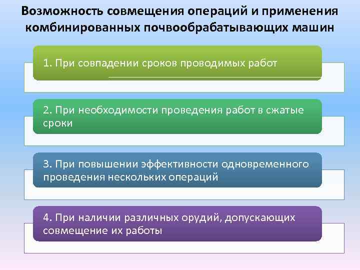 Возможность совмещения операций и применения комбинированных почвообрабатывающих машин 1. При совпадении сроков проводимых работ