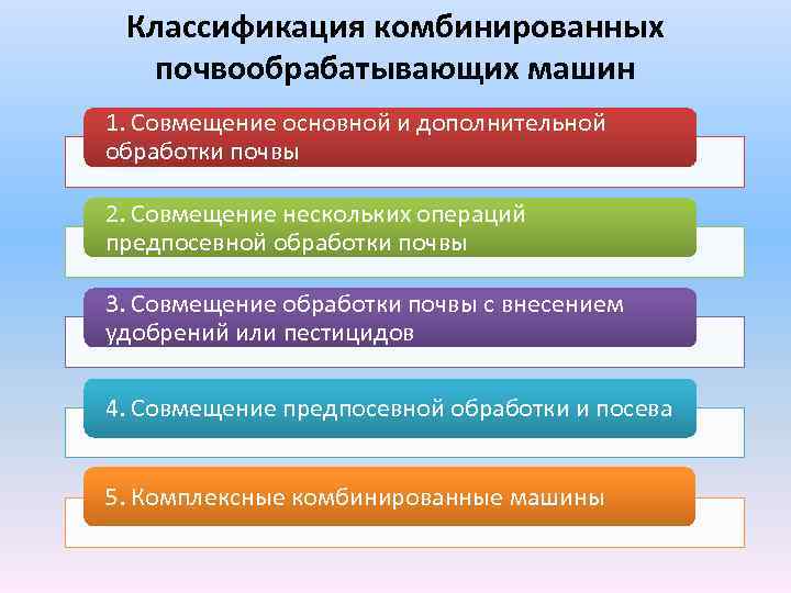 Классификация комбинированных почвообрабатывающих машин 1. Совмещение основной и дополнительной обработки почвы 2. Совмещение нескольких