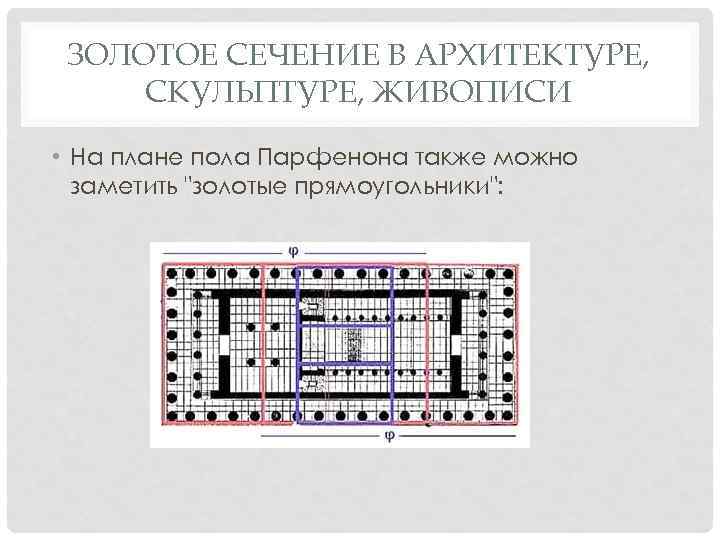 ЗОЛОТОЕ СЕЧЕНИЕ В АРХИТЕКТУРЕ, СКУЛЬПТУРЕ, ЖИВОПИСИ • На плане пола Парфенона также можно заметить