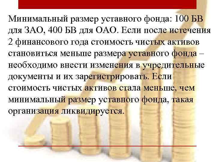 Минимальный размер уставного фонда: 100 БВ для ЗАО, 400 БВ для ОАО. Если после