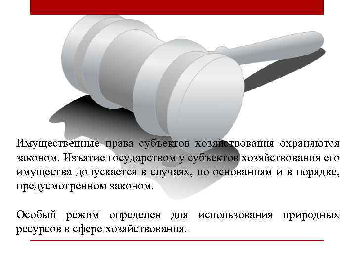 Имущественные права субъектов хозяйствования охраняются законом. Изъятие государством у субъектов хозяйствования его имущества допускается