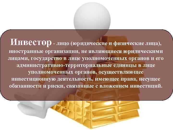 Инвестор - лицо (юридические и физические лица), иностранные организации, не являющиеся юридическими лицами, государство